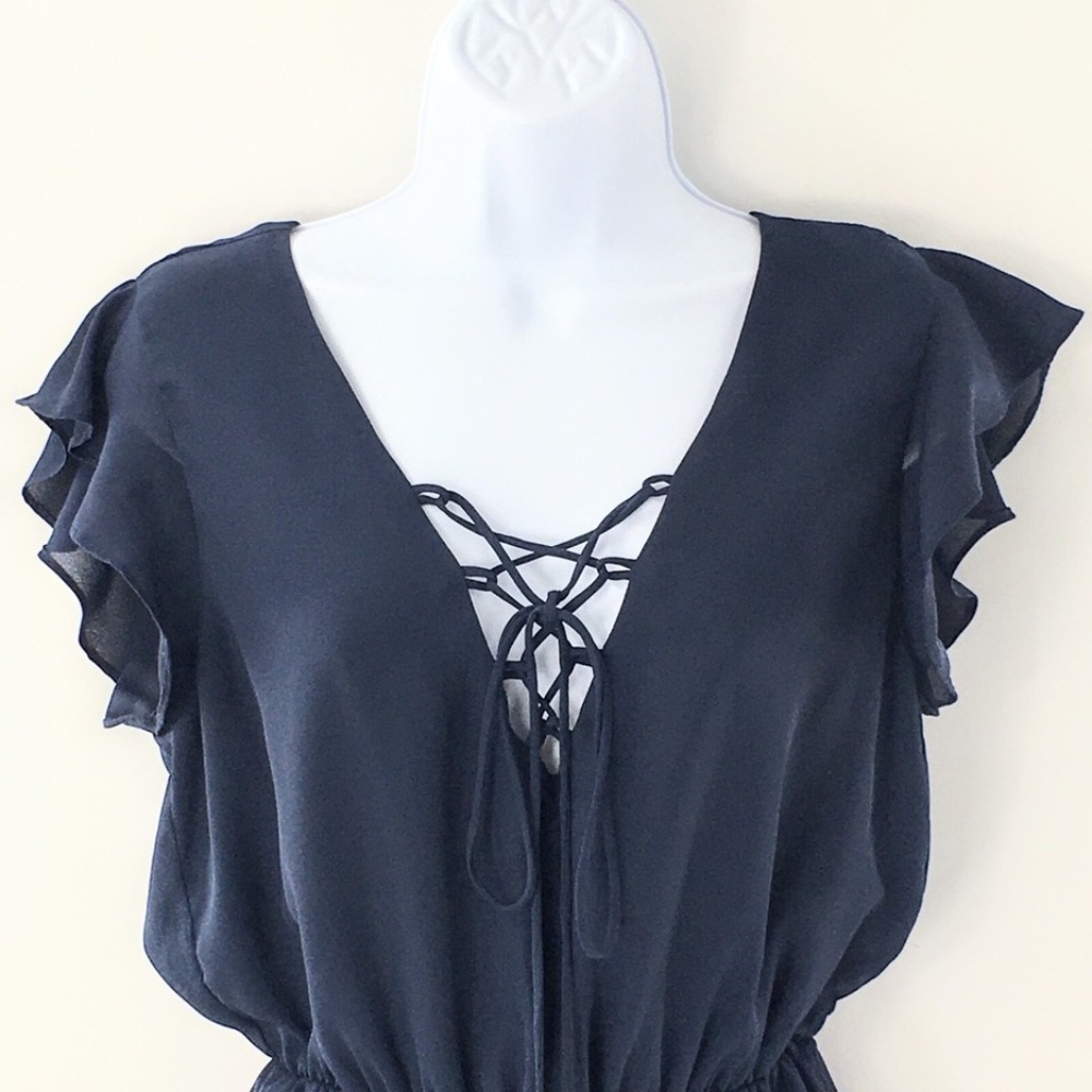 Everly Womens Romper Flutter Sleeves Elastic Waist Summer Tie Feminine Navy Sz - Picture 2 of 15